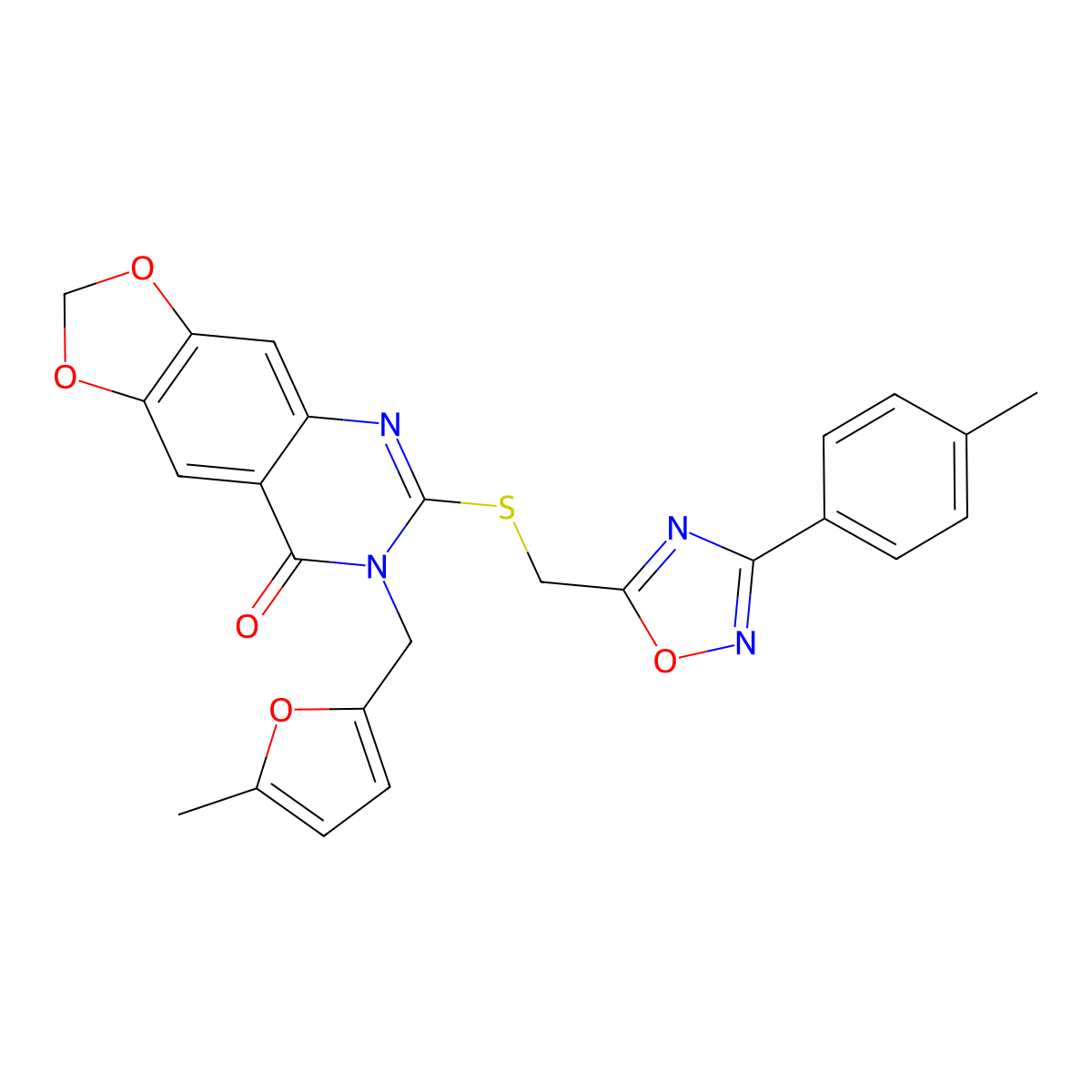 7-[(5-methylfuran-2-yl)methyl]-6-({[3-(4-methylphenyl)-1,2,4-oxadiazol-5-yl]methyl}sulfanyl)-2H,7H,8H-[1,3]dioxolo[4,5-g]quinazolin-8-one molecular structure, CAS 1115970-78-9