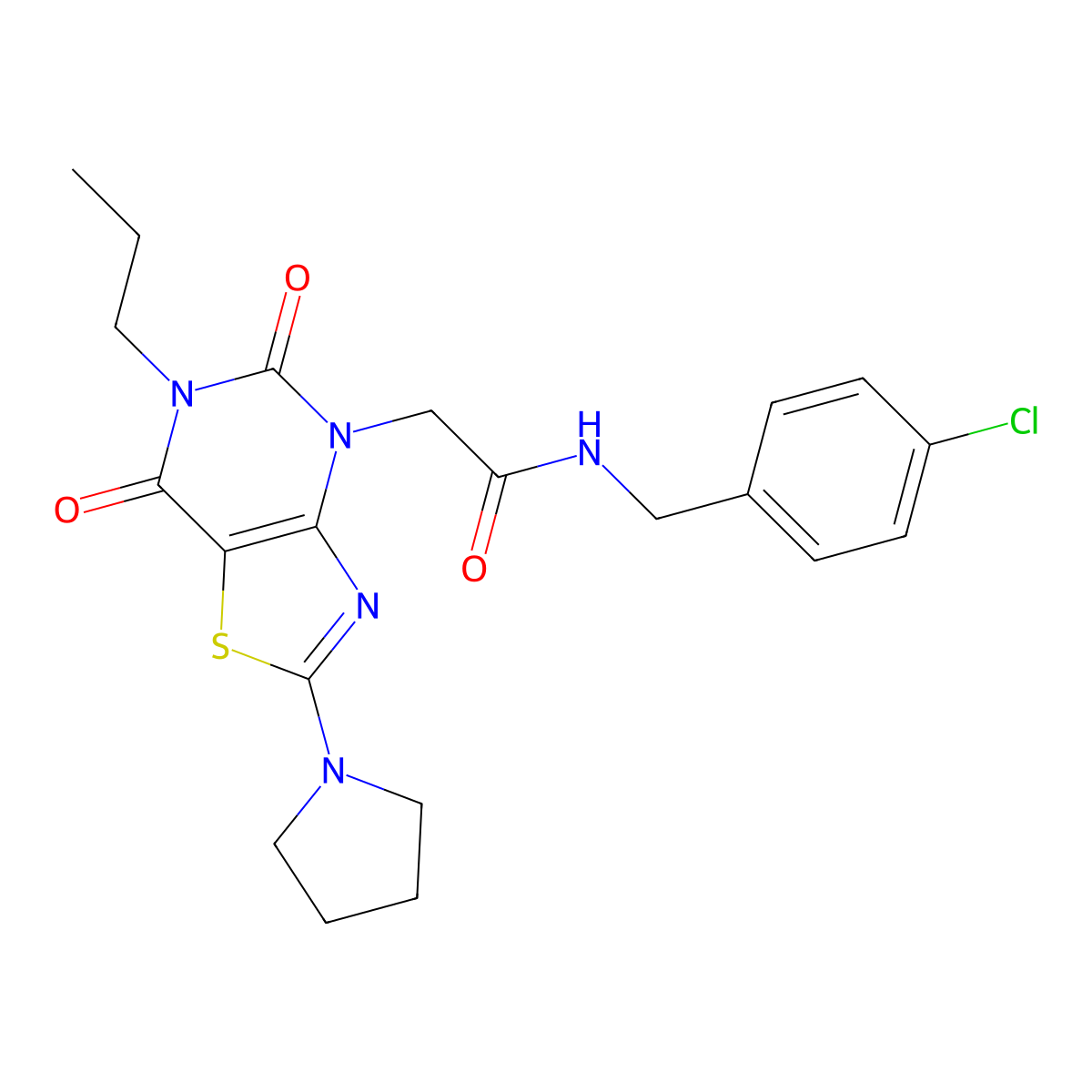 N-(4-chlorobenzyl)-2-(5,7-dioxo-6-propyl-2-(pyrrolidin-1-yl)-6,7-dihydrothiazolo[4,5-d]pyrimidin-4(5H)-yl)acetamide molecular structure, CAS 1115982-46-1