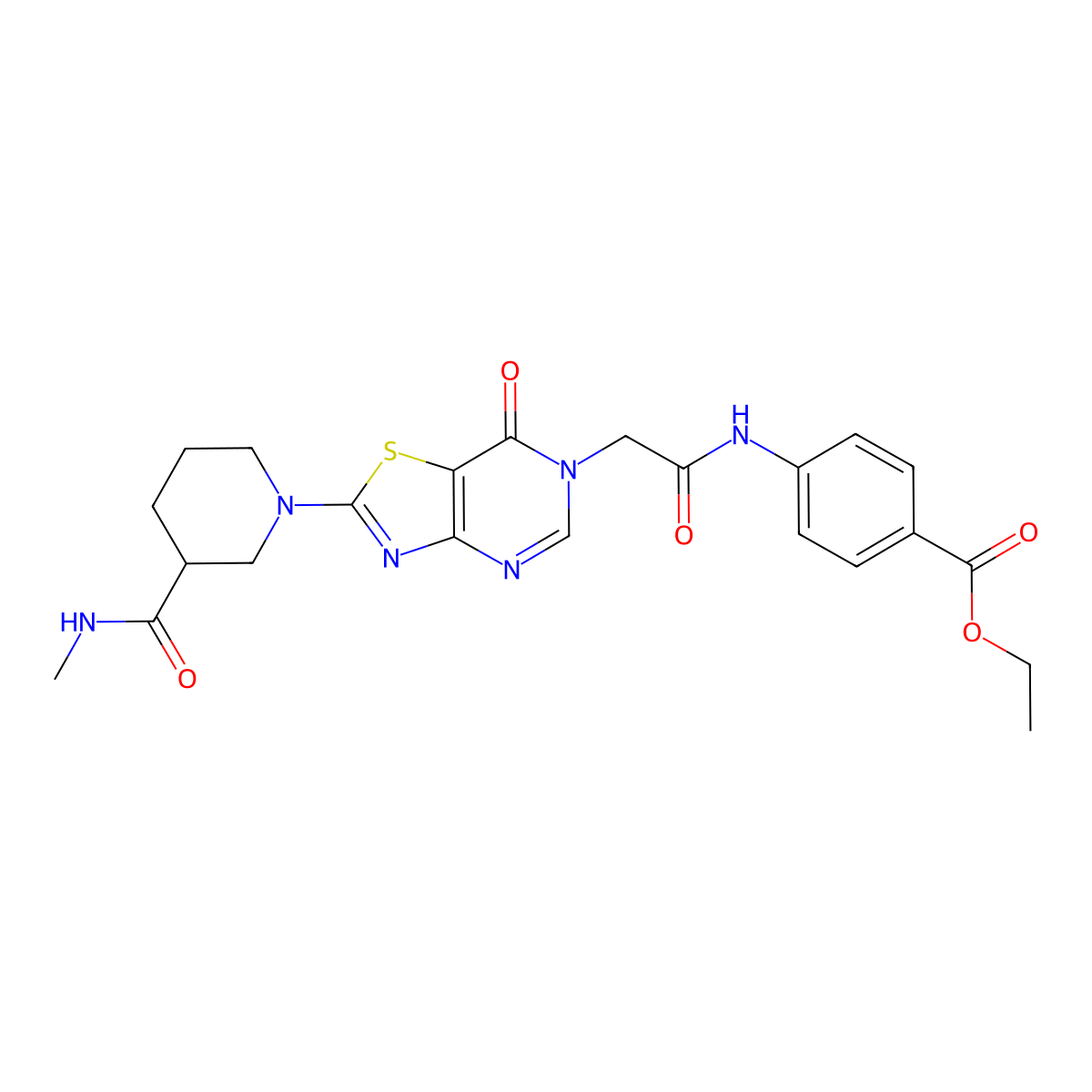 ethyl 4-(2-{2-[3-(methylcarbamoyl)piperidin-1-yl]-7-oxo-6H,7H-[1,3]thiazolo[4,5-d]pyrimidin-6-yl}acetamido)benzoate molecular structure, CAS 1115982-81-4