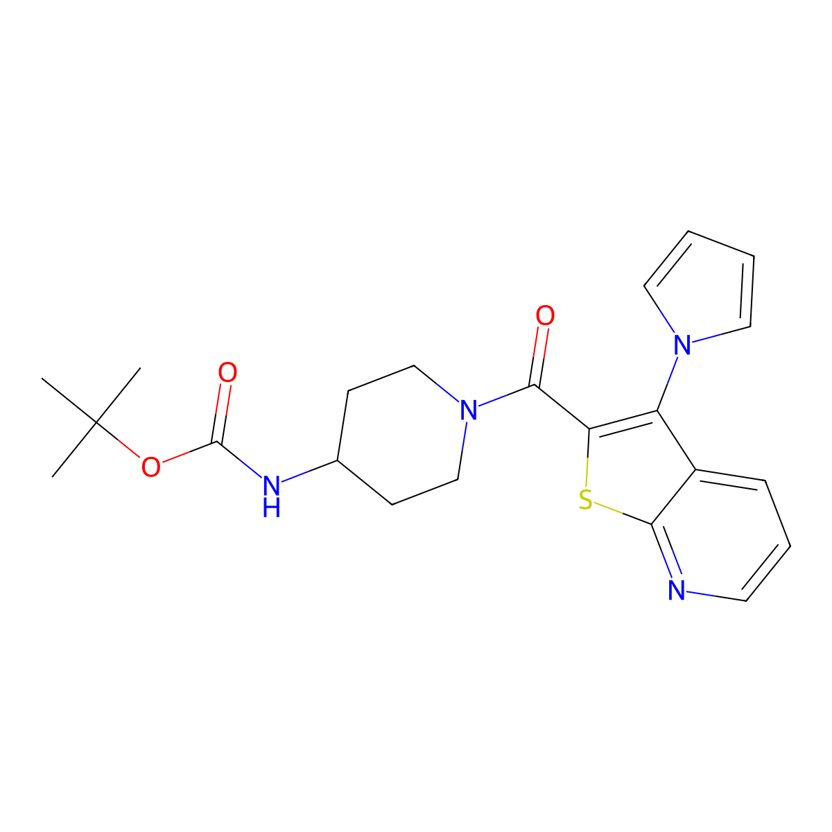 tert-butyl N-{1-[3-(1H-pyrrol-1-yl)thieno[2,3-b]pyridine-2-carbonyl]piperidin-4-yl}carbamate molecular structure, CAS 1115989-61-1