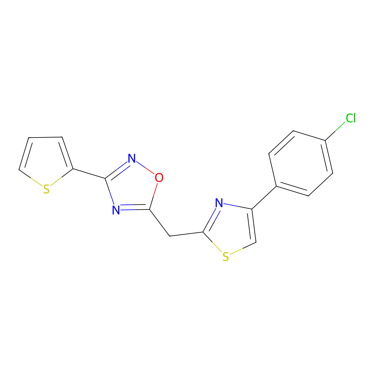 5-((4-(4-Chlorophenyl)thiazol-2-yl)methyl)-3-(thiophen-2-yl)-1,2,4-oxadiazole molecular structure, CAS 1115989-76-8