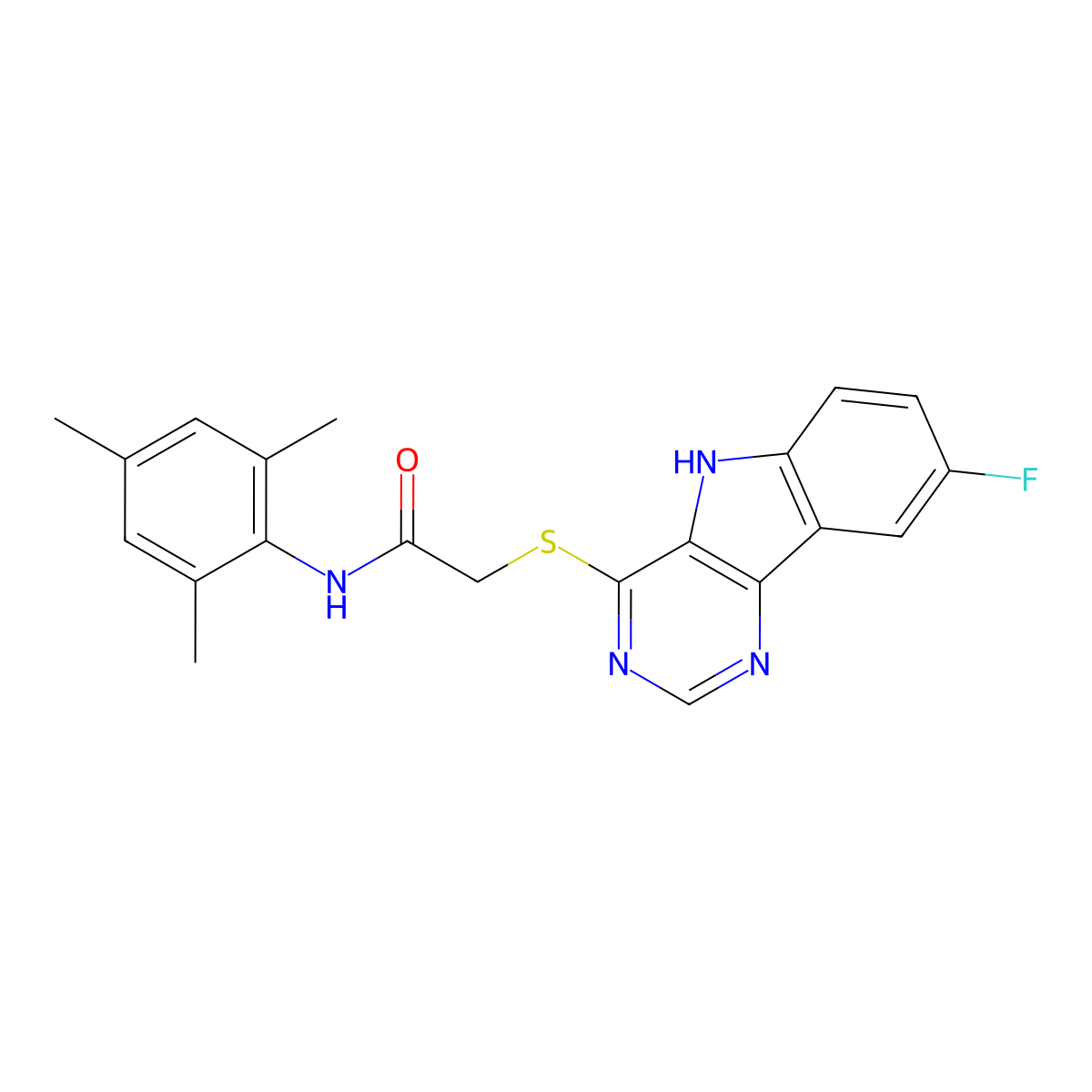 2-({8-fluoro-5H-pyrimido[5,4-b]indol-4-yl}sulfanyl)-N-(2,4,6-trimethylphenyl)acetamide molecular structure, CAS 1115997-44-8