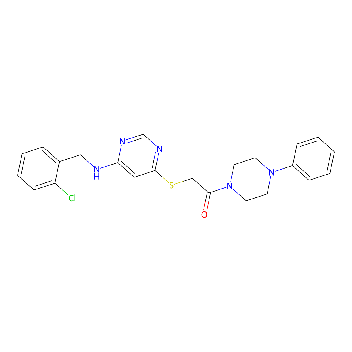 2-((6-((2-Chlorobenzyl)amino)pyrimidin-4-yl)thio)-1-(4-phenylpiperazin-1-yl)ethanone molecular structure, CAS 1116006-50-8