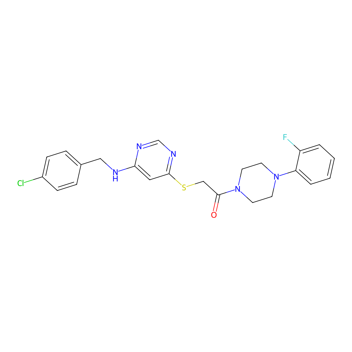 2-((6-((4-Chlorobenzyl)amino)pyrimidin-4-yl)thio)-1-(4-(2-fluorophenyl)piperazin-1-yl)ethanone molecular structure, CAS 1116006-54-2