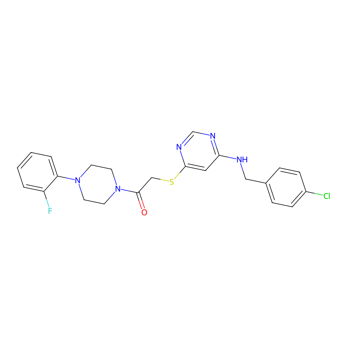 2-((6-((4-Chlorobenzyl)amino)pyrimidin-4-yl)thio)-1-(4-(2-fluorophenyl)piperazin-1-yl)ethanone molecular structure, CAS 1116006-54-2