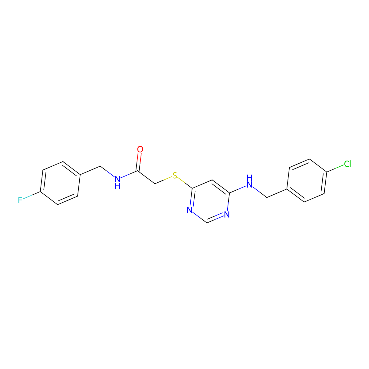 2-((6-((4-chlorobenzyl)amino)pyrimidin-4-yl)thio)-N-(4-fluorobenzyl)acetamide molecular structure, CAS 1116006-65-5