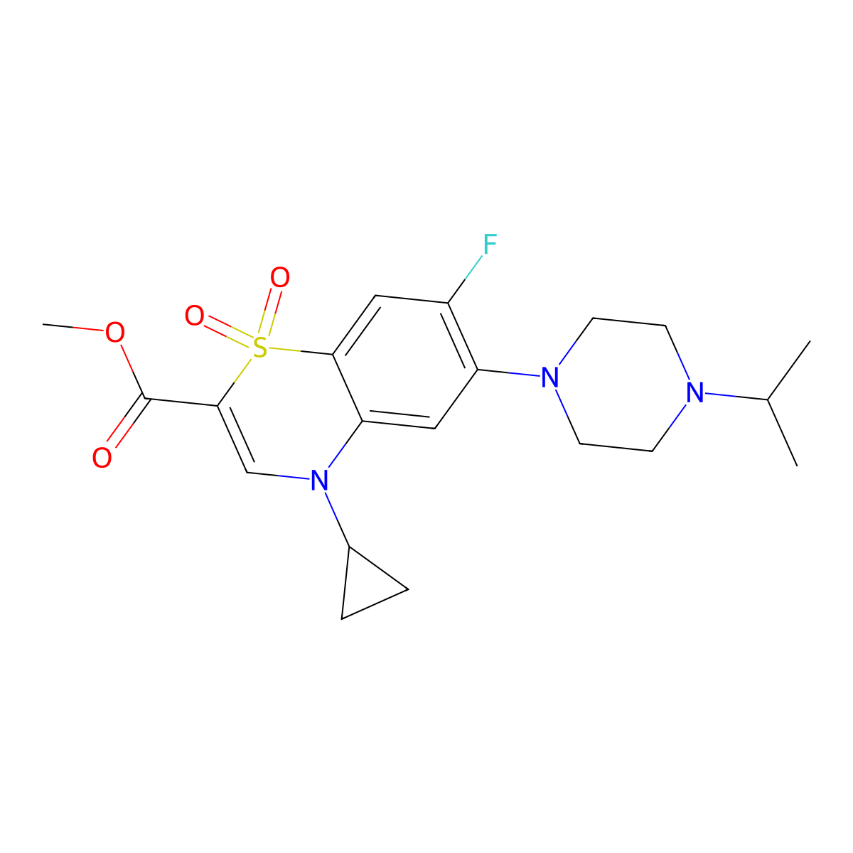 methyl 4-cyclopropyl-7-fluoro-6-(4-isopropylpiperazin-1-yl)-4H-benzo[b][1,4]thiazine-2-carboxylate 1,1-dioxide molecular structure, CAS 1116010-23-1