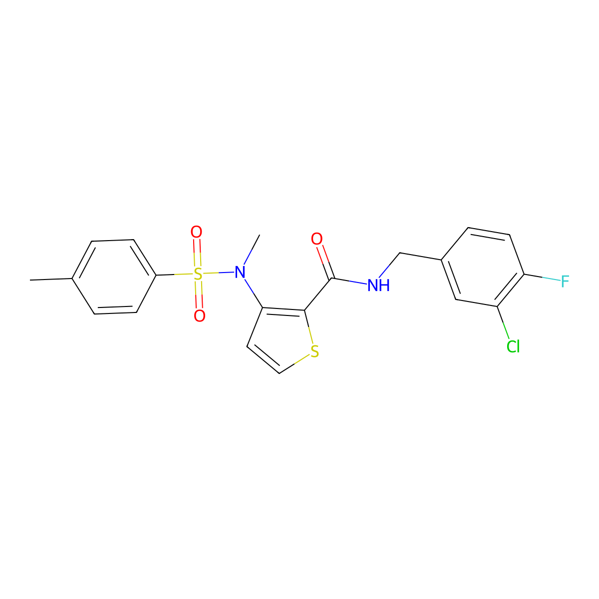 N-(3-chloro-4-fluorobenzyl)-3-{methyl[(4-methylphenyl)sulfonyl]amino}thiophene-2-carboxamide molecular structure, CAS 1116017-38-9