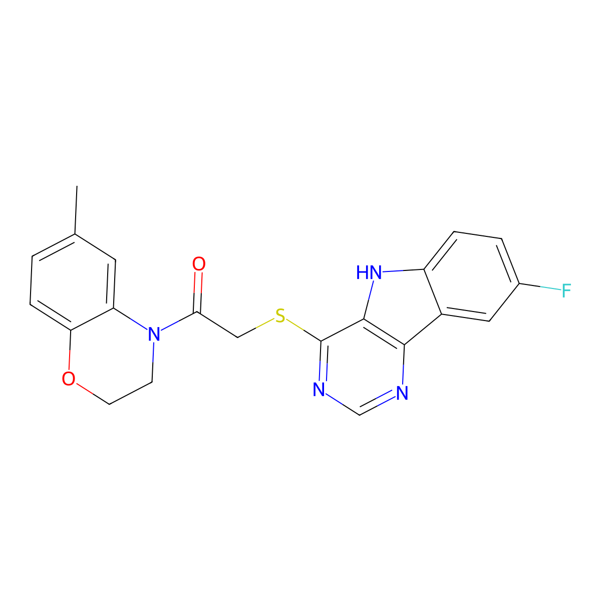 2-((8-fluoro-5H-pyrimido[5,4-b]indol-4-yl)thio)-1-(6-methyl-2H-benzo[b][1,4]oxazin-4(3H)-yl)ethanone molecular structure, CAS 1116030-22-8