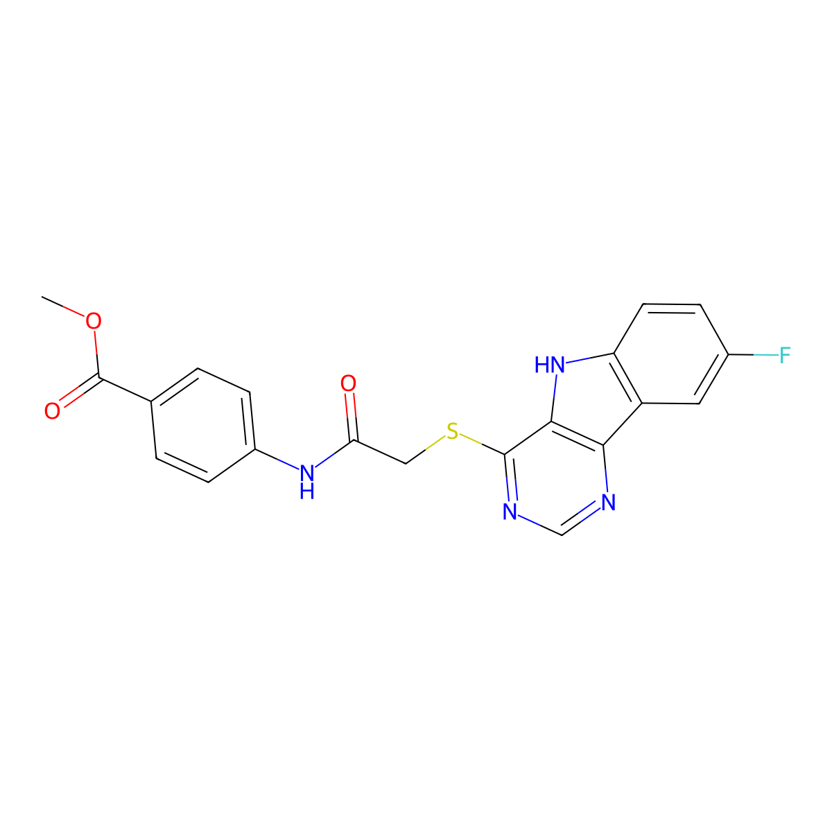 methyl 4-(2-((8-fluoro-5H-pyrimido[5,4-b]indol-4-yl)thio)acetamido)benzoate molecular structure, CAS 1116030-23-9