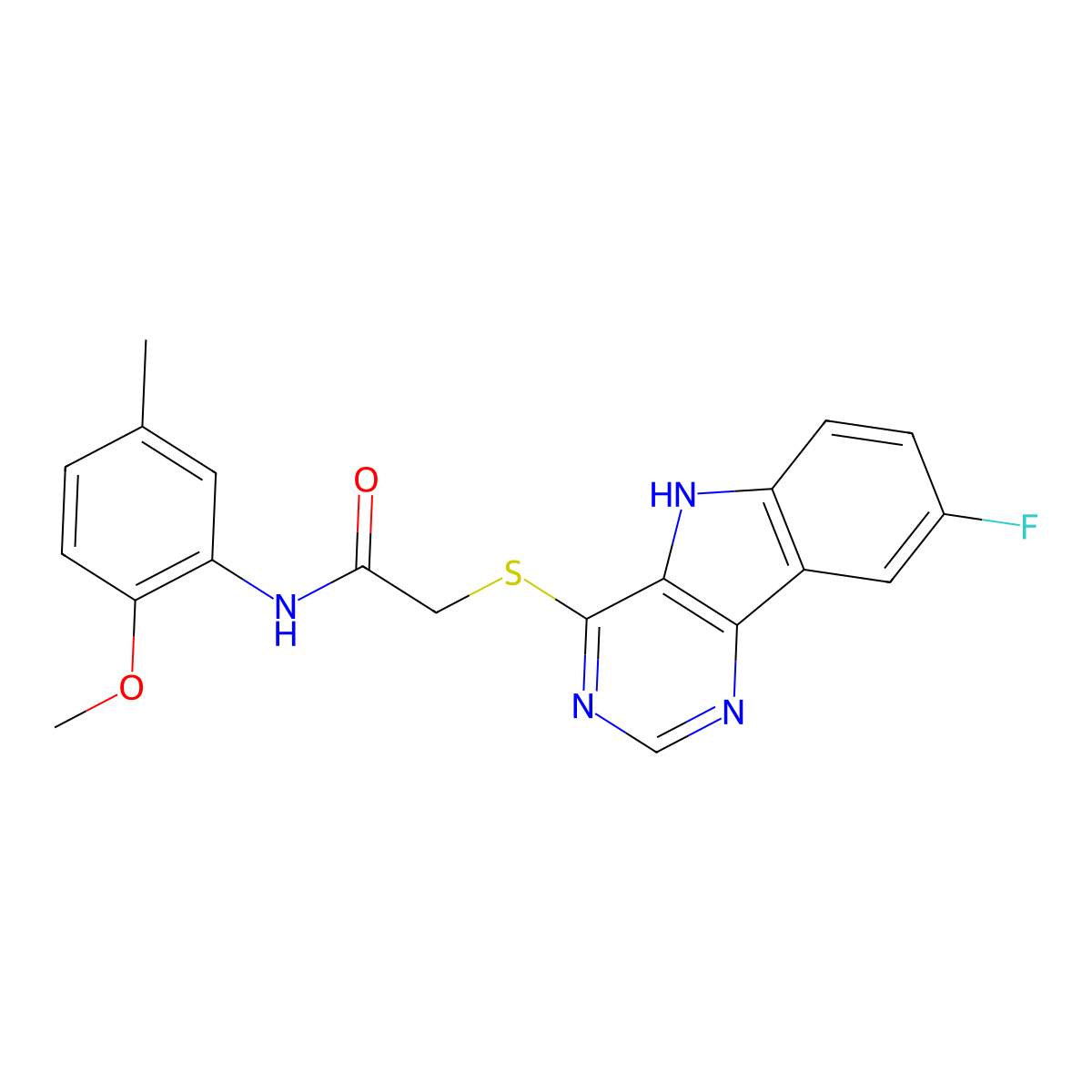 2-((8-fluoro-5H-pyrimido[5,4-b]indol-4-yl)thio)-N-(2-methoxy-5-methylphenyl)acetamide molecular structure, CAS 1116030-24-0