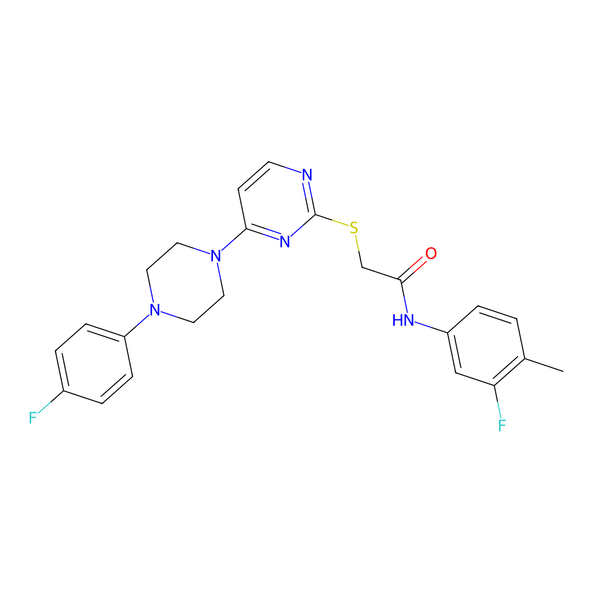 N-(3-fluoro-4-methylphenyl)-2-({4-[4-(4-fluorophenyl)piperazin-1-yl]pyrimidin-2-yl}sulfanyl)acetamide molecular structure, CAS 1116037-13-8