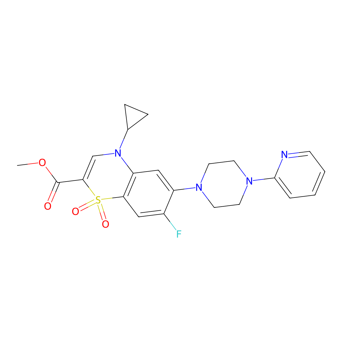methyl 4-cyclopropyl-7-fluoro-6-(4-(pyridin-2-yl)piperazin-1-yl)-4H-benzo[b][1,4]thiazine-2-carboxylate 1,1-dioxide molecular structure, CAS 1116041-68-9