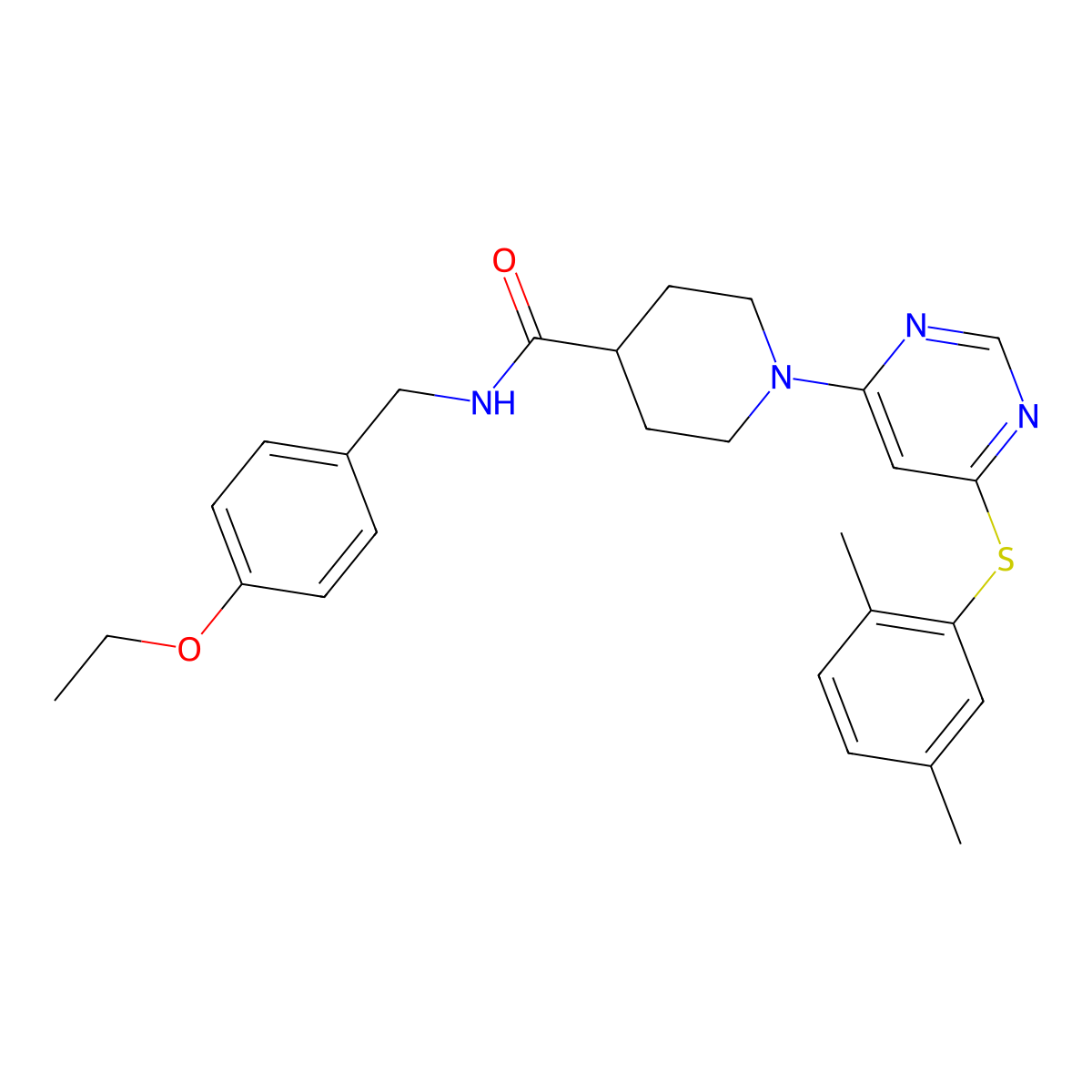 1-{6-[(2,5-dimethylphenyl)sulfanyl]pyrimidin-4-yl}-N-[(4-ethoxyphenyl)methyl]piperidine-4-carboxamide molecular structure, CAS 1116045-44-3
