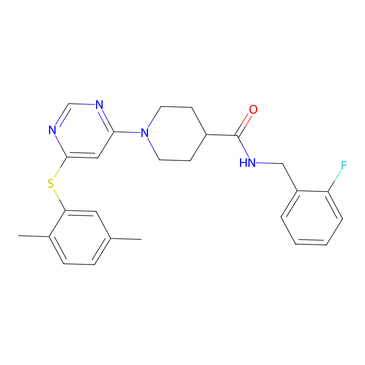 1-(6-((2,5-dimethylphenyl)thio)pyrimidin-4-yl)-N-(2-fluorobenzyl)piperidine-4-carboxamide molecular structure, CAS 1116045-46-5