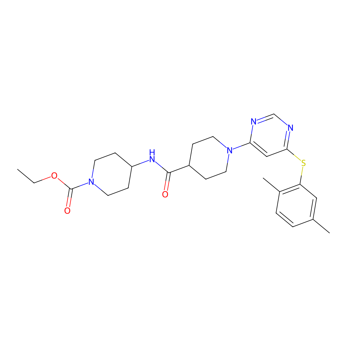 Ethyl 4-(1-{6-[(2,5-dimethylphenyl)sulfanyl]pyrimidin-4-yl}piperidine-4-amido)piperidine-1-carboxylate molecular structure, CAS 1116045-48-7