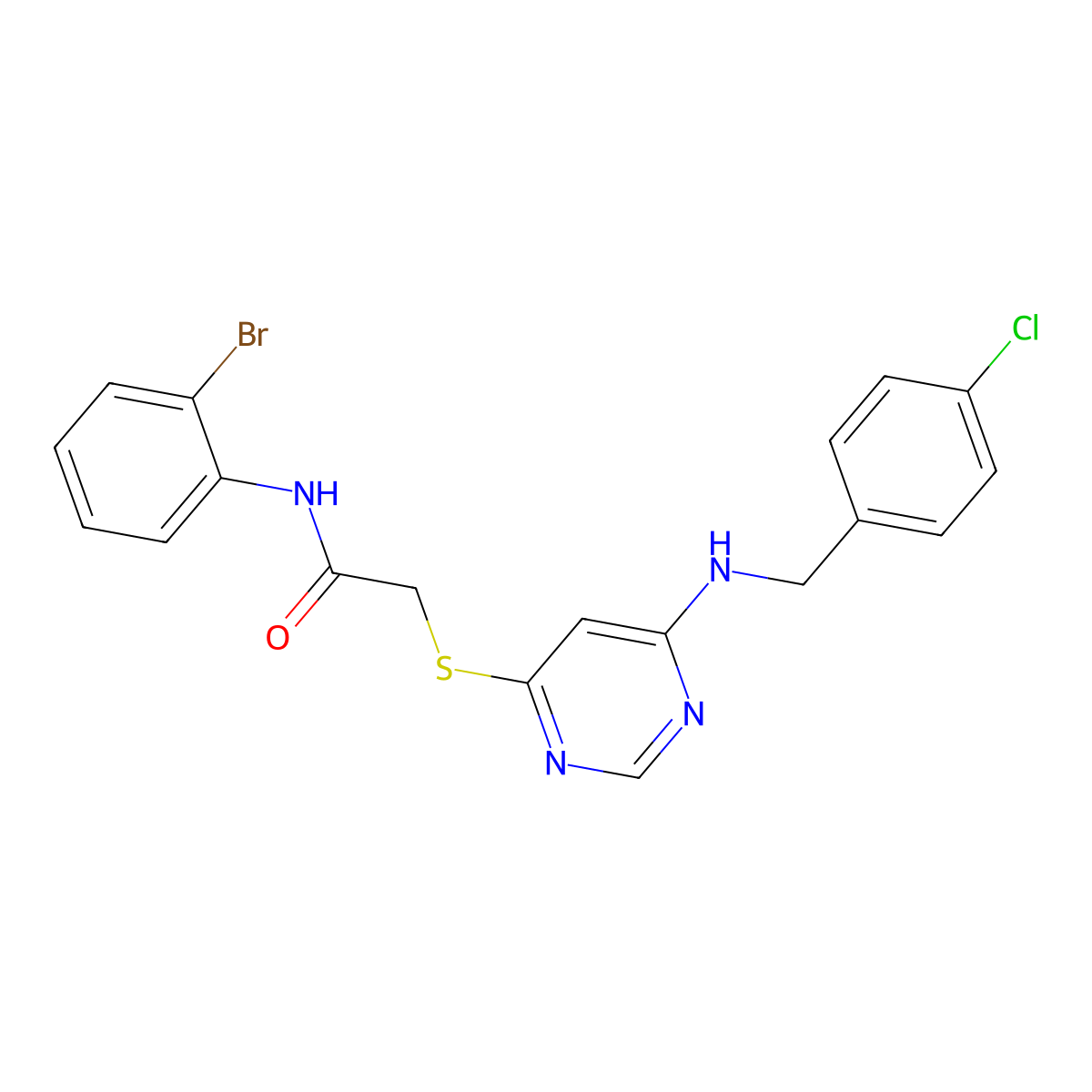 N-(2-bromophenyl)-2-[(6-{[(4-chlorophenyl)methyl]amino}pyrimidin-4-yl)sulfanyl]acetamide molecular structure, CAS 1116047-72-3