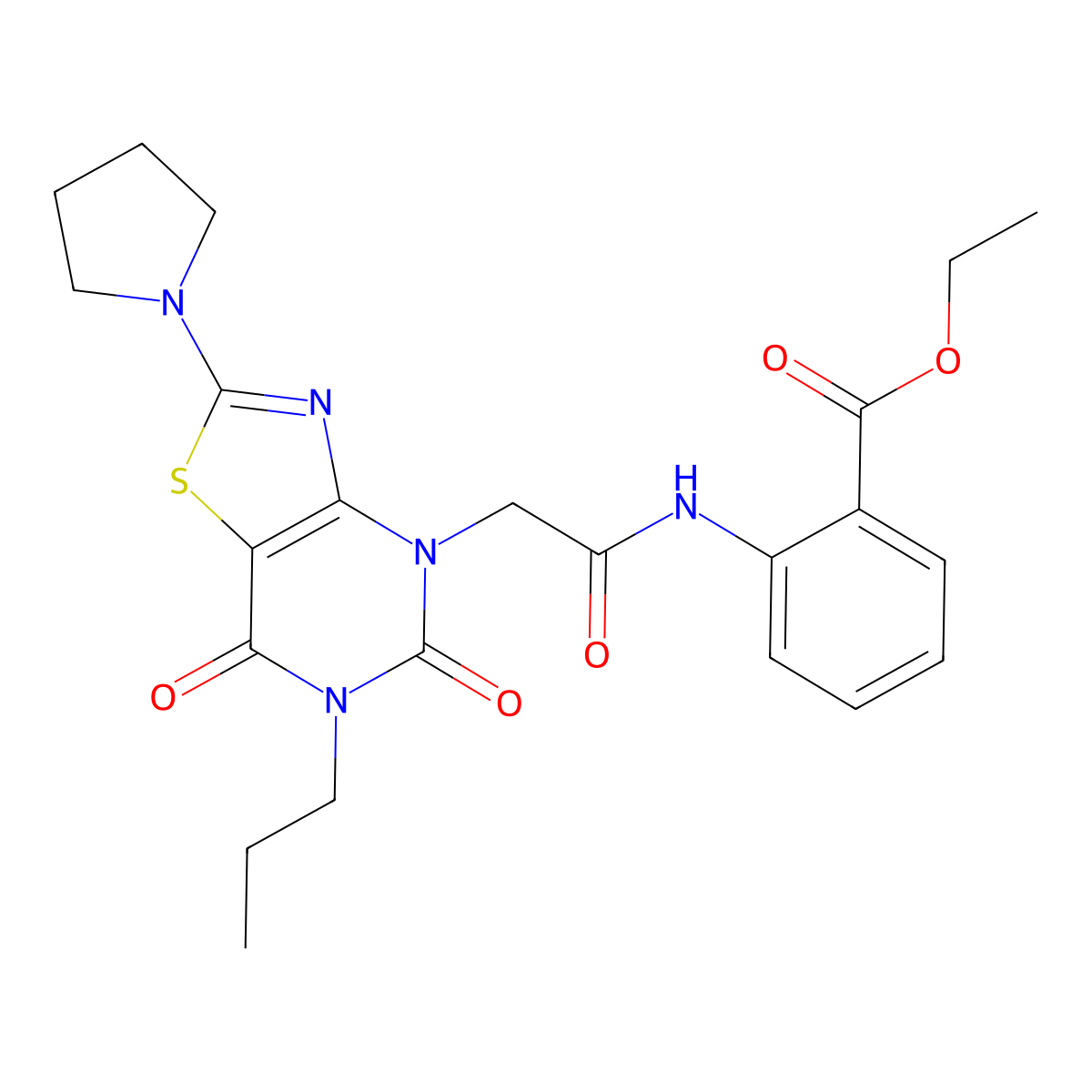 ethyl 2-(2-(5,7-dioxo-6-propyl-2-(pyrrolidin-1-yl)-6,7-dihydrothiazolo[4,5-d]pyrimidin-4(5H)-yl)acetamido)benzoate molecular structure, CAS 1116048-29-3