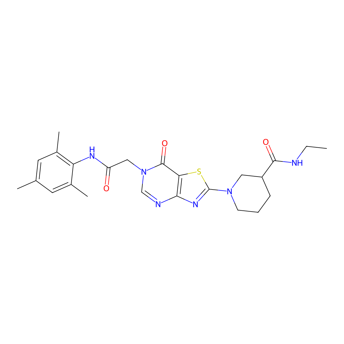 N-ethyl-1-(7-oxo-6-{[(2,4,6-trimethylphenyl)carbamoyl]methyl}-6H,7H-[1,3]thiazolo[4,5-d]pyrimidin-2-yl)piperidine-3-carboxamide molecular structure, CAS 1116048-75-9