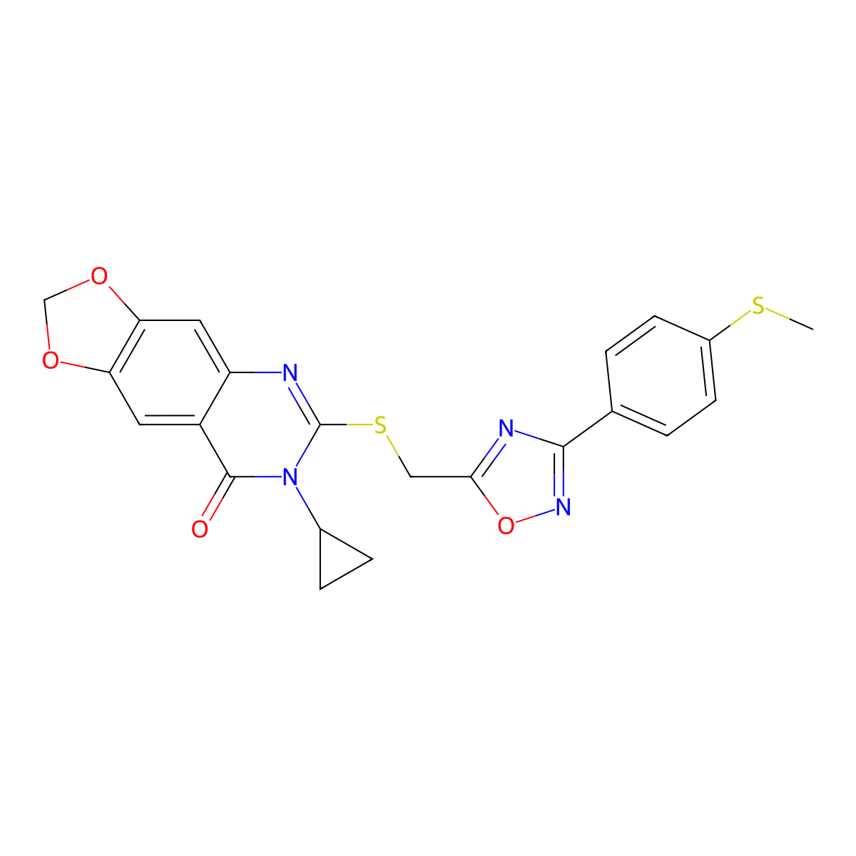 7-cyclopropyl-6-[({3-[4-(methylsulfanyl)phenyl]-1,2,4-oxadiazol-5-yl}methyl)sulfanyl]-2H,7H,8H-[1,3]dioxolo[4,5-g]quinazolin-8-one molecular structure, CAS 1116050-12-4