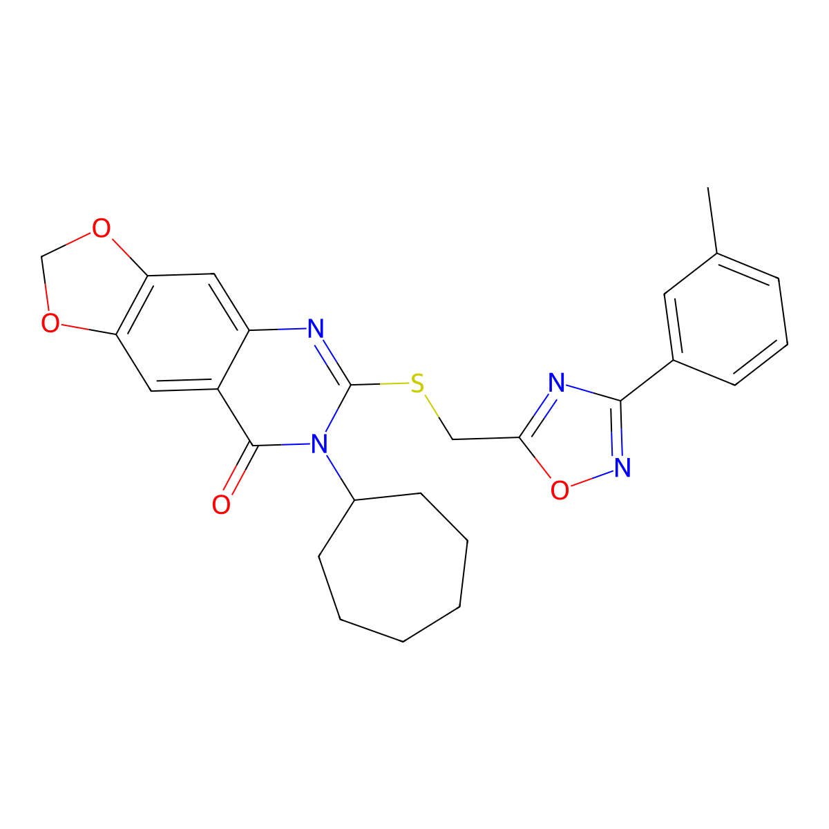 7-cycloheptyl-6-(((3-(m-tolyl)-1,2,4-oxadiazol-5-yl)methyl)thio)-[1,3]dioxolo[4,5-g]quinazolin-8(7H)-one molecular structure, CAS 1116050-18-0