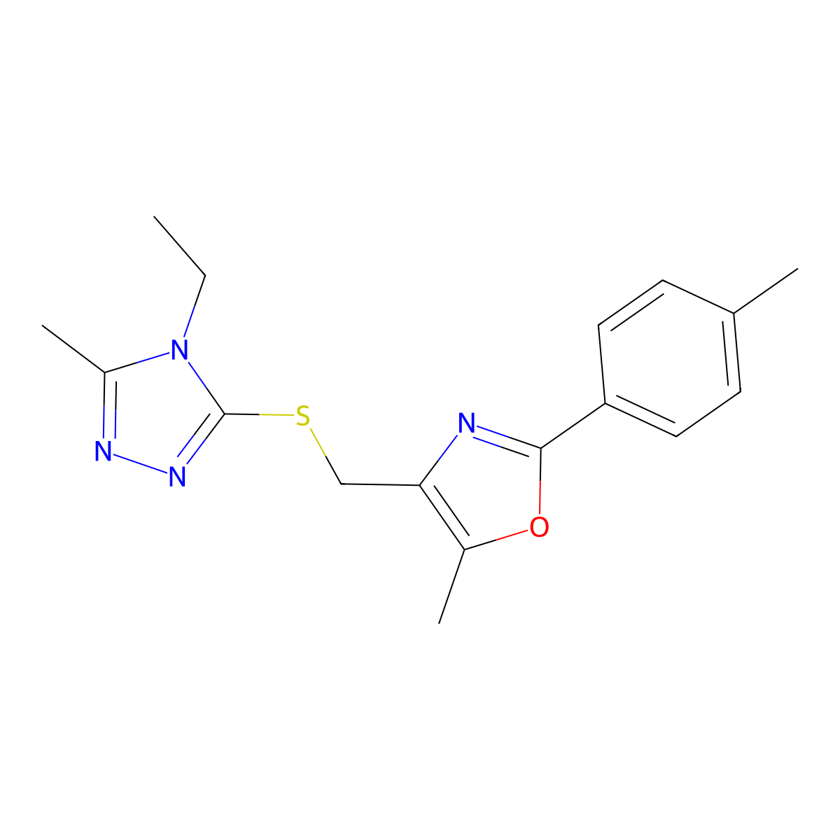 4-(((4-ethyl-5-methyl-4H-1,2,4-triazol-3-yl)thio)methyl)-5-methyl-2-(p-tolyl)oxazole molecular structure, CAS 1116050-21-5