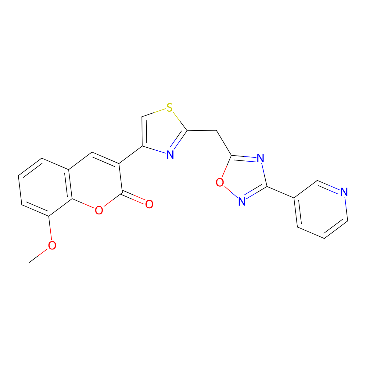 8-methoxy-3-(2-{[3-(pyridin-3-yl)-1,2,4-oxadiazol-5-yl]methyl}-1,3-thiazol-4-yl)-2H-chromen-2-one molecular structure, CAS 1116054-35-3