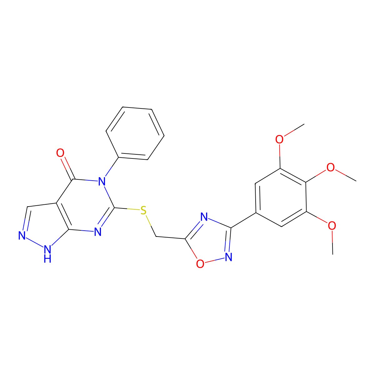 5-phenyl-6-({[3-(3,4,5-trimethoxyphenyl)-1,2,4-oxadiazol-5-yl]methyl}sulfanyl)-1H,4H,5H-pyrazolo[3,4-d]pyrimidin-4-one molecular structure, CAS 1116065-31-6