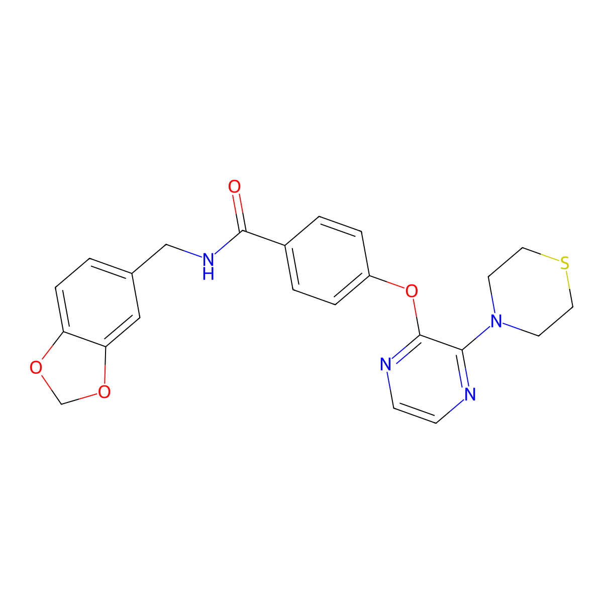 N-(1,3-benzodioxol-5-ylmethyl)-4-{[3-(thiomorpholin-4-yl)pyrazin-2-yl]oxy}benzamide molecular structure, CAS 1116074-19-1