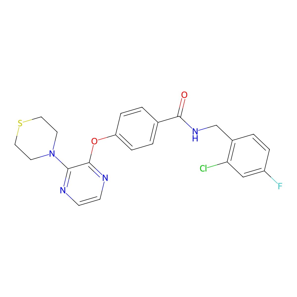 N-(2-chloro-4-fluorobenzyl)-4-{[3-(thiomorpholin-4-yl)pyrazin-2-yl]oxy}benzamide molecular structure, CAS 1116074-20-4