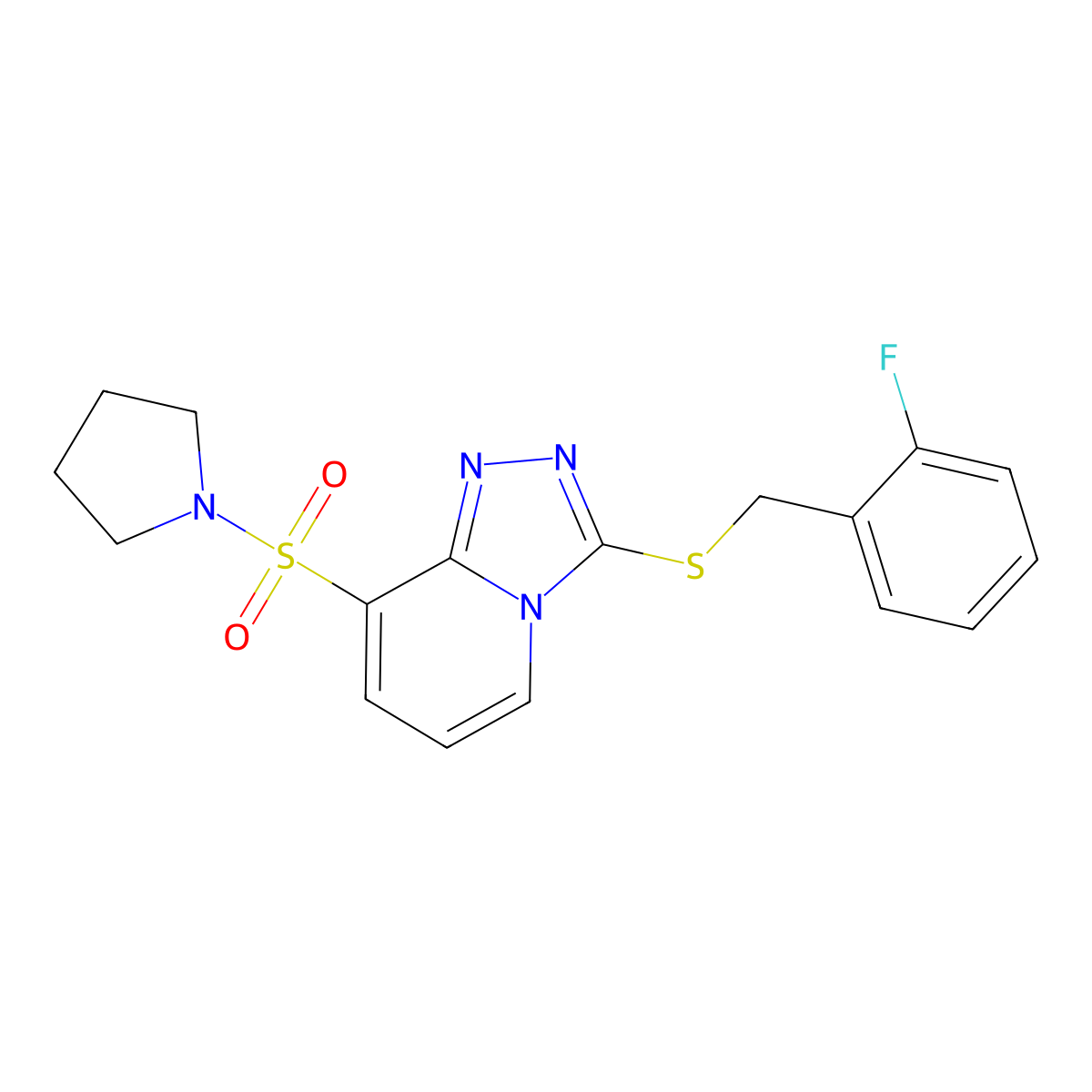 3-((2-Fluorobenzyl)thio)-8-(pyrrolidin-1-ylsulfonyl)-[1,2,4]triazolo[4,3-a]pyridine molecular structure, CAS 1116076-76-6
