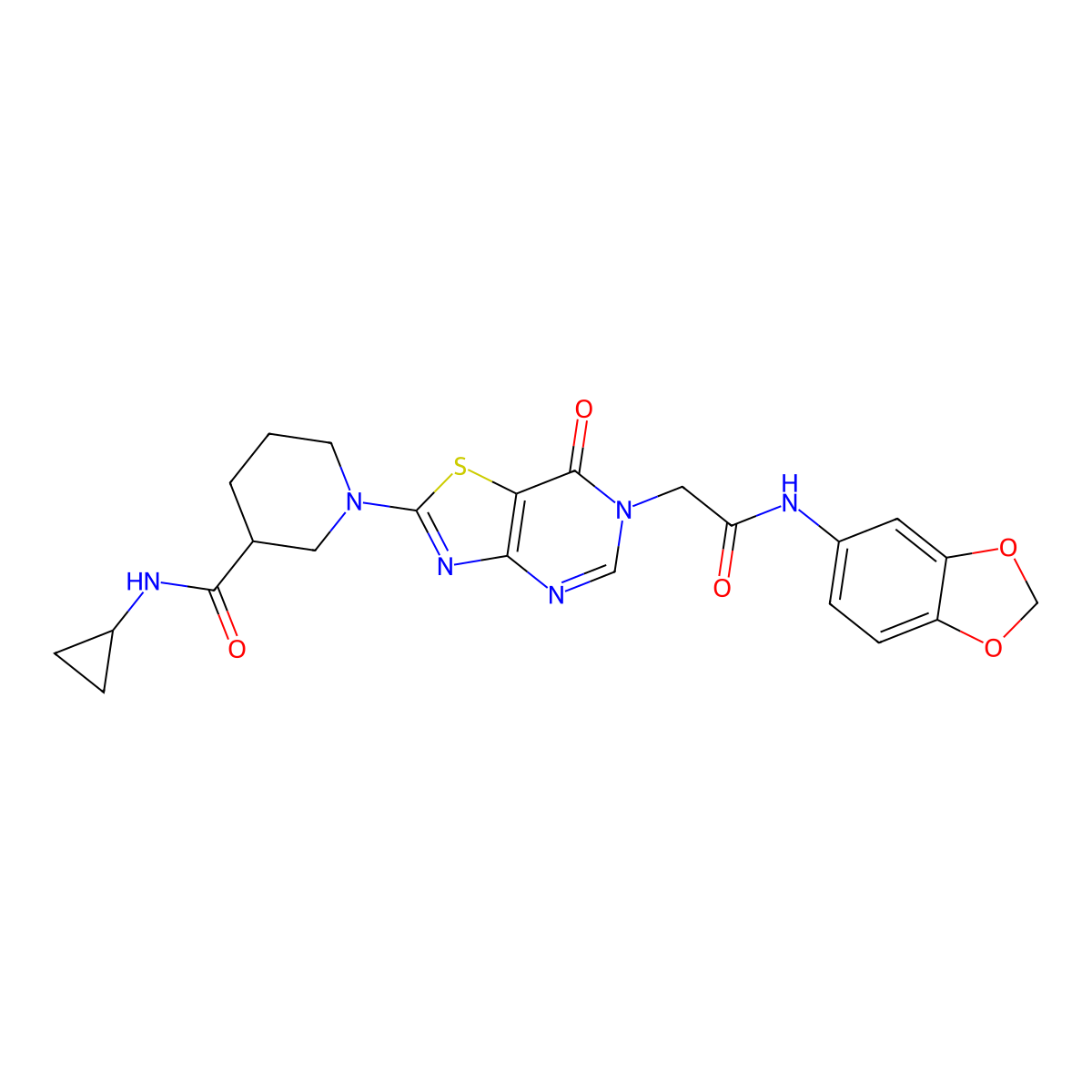 1-(6-(2-(benzo[d][1,3]dioxol-5-ylamino)-2-oxoethyl)-7-oxo-6,7-dihydrothiazolo[4,5-d]pyrimidin-2-yl)-N-cyclopropylpiperidine-3-carboxamide molecular structure, CAS 1116081-75-4