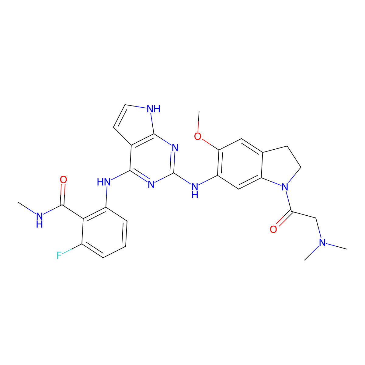 2-((2-((1-(2-(Dimethylamino)acetyl)-5-methoxyindolin-6-yl)amino)-7H-pyrrolo[2,3-d]pyrimidin-4-yl)amino)-6-fluoro-N-methylbenzamide molecular structure, CAS 1116235-97-2