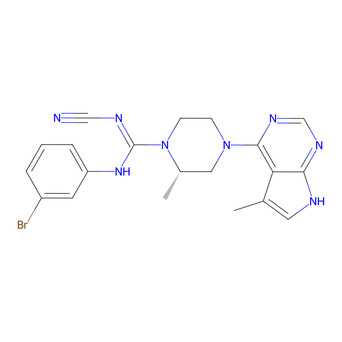 (S)-N-(3-bromophenyl)-N'-cyano-2-methyl-4-(5-methyl-7H-pyrrolo[2,3-d]pyrimidin-4-yl)piperazine-1-carboximidamide molecular structure, CAS 1116571-01-7