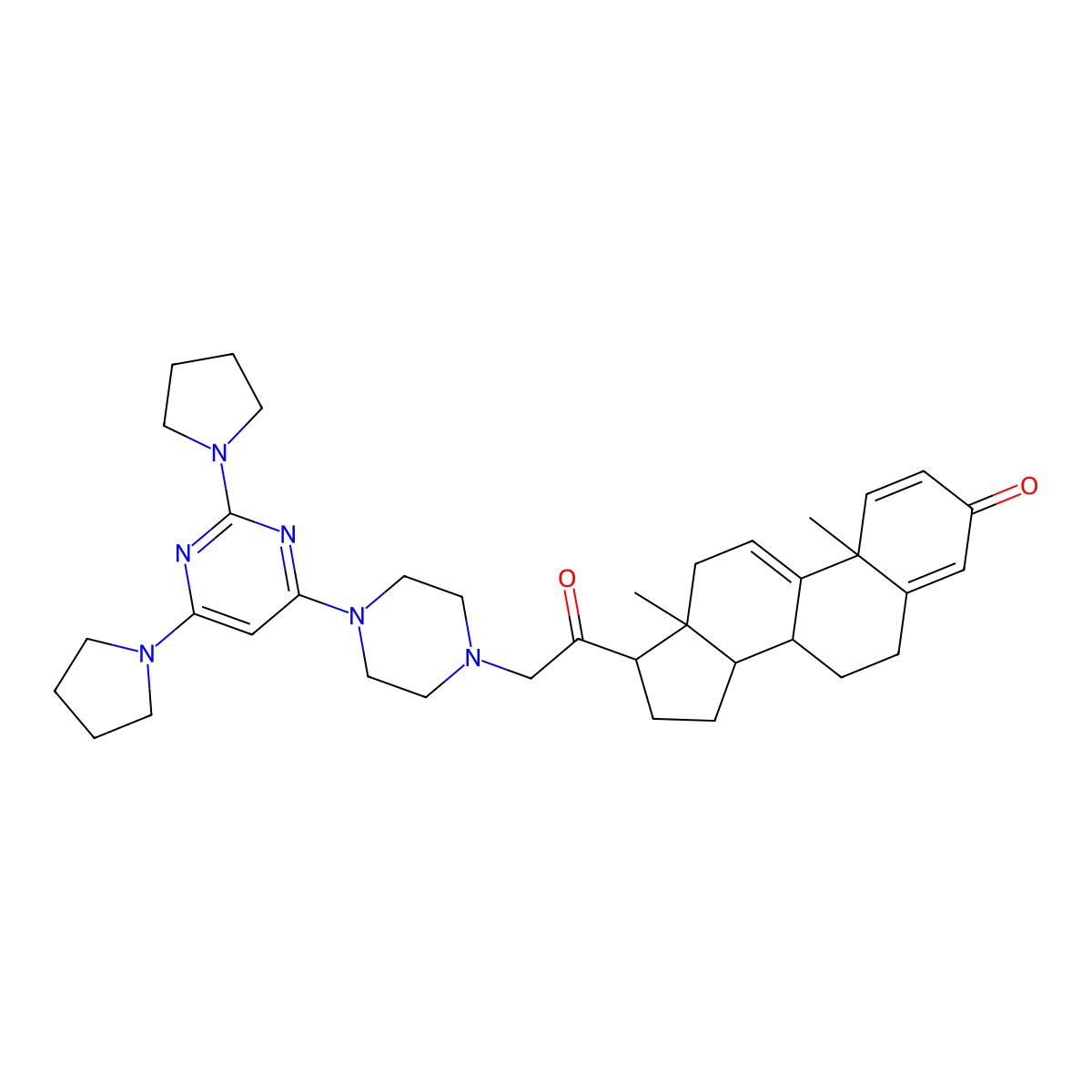 (8S,10S,13S,14S,17S)-17-[2-[4-(2,6-dipyrrolidin-1-ylpyrimidin-4-yl)piperazin-1-yl]acetyl]-10,13-dimethyl-6,7,8,12,14,15,16,17-octahydrocyclopenta[a]phenanthren-3-one molecular structure, CAS 111667-91-5