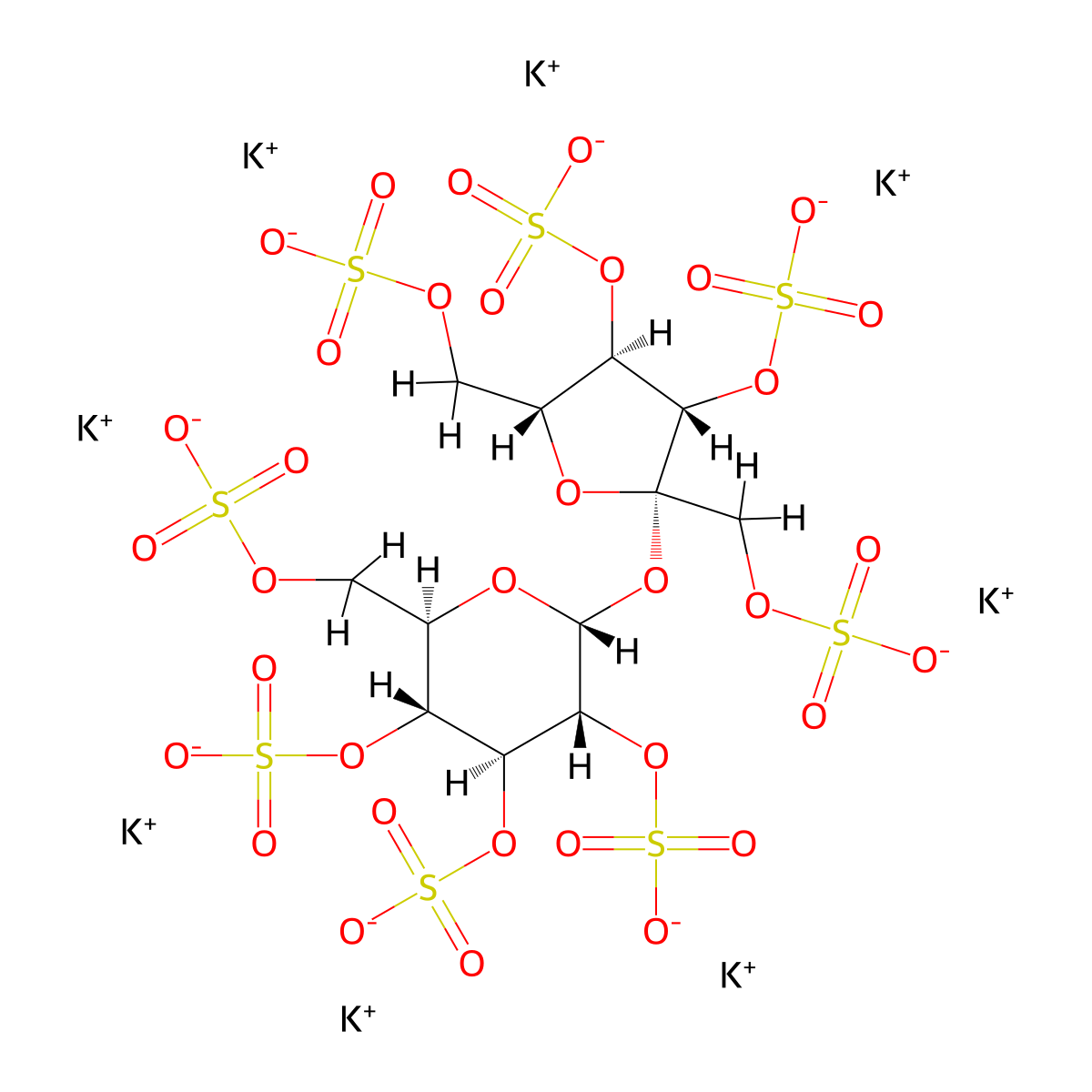 Octapotassium (2R,3R,4S,5R,6R)-2-(((2S,3S,4R,5R)-3,4-disulfato-2,5-bis(sulfatomethyl)oxolane-2-yl)oxy)-3,4,5-trisulfato-6-(sulfatomethyl)oxane molecular structure, CAS 111757-57-4