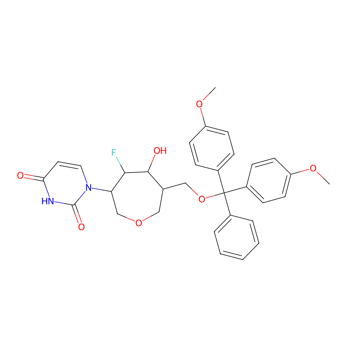 1-[(3R,6R)-6-[[bis(4-methoxyphenyl)-phenylmethoxy]methyl]-4-fluoro-5-hydroxyoxepan-3-yl]pyrimidine-2,4-dione molecular structure, CAS 1117903-09-9