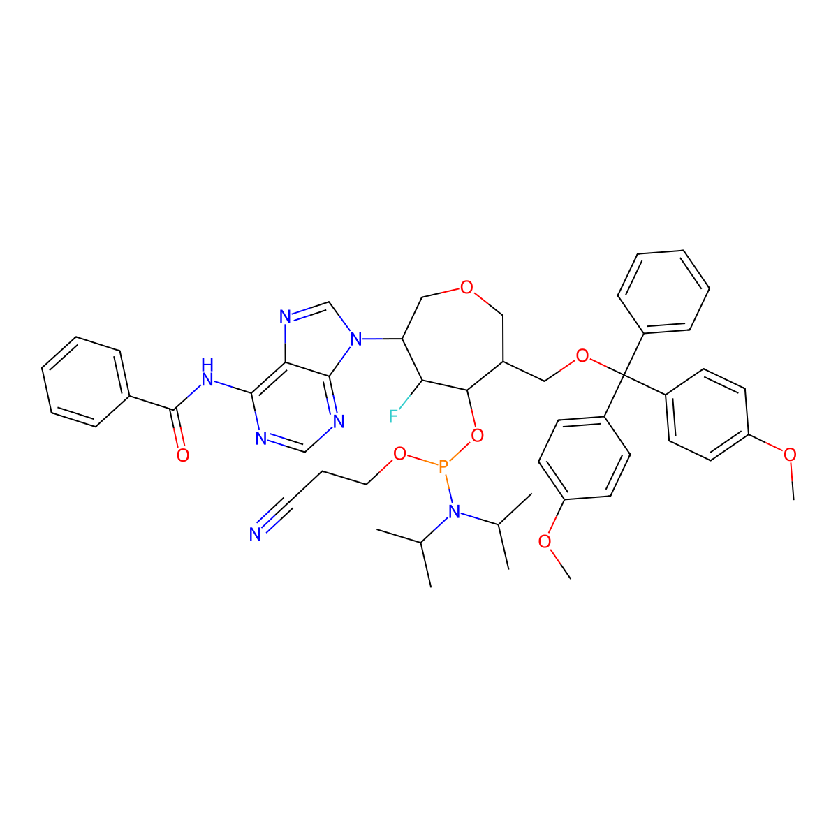 N-(9-[(3R,6R)-6-[(bis(4-methoxyphenyl)(phenyl)methoxy)methyl]-5-{[(bis(propan-2-yl)amino)(2-cyanoethoxy)phosphanyl]oxy}-4-fluorooxepan-3-yl]-9H-purin-6-yl)benzamide molecular structure, CAS 1117903-38-4