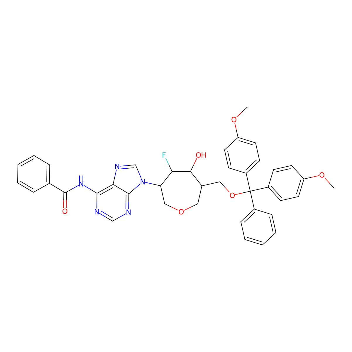 N-(9-[(3R,6R)-6-[(bis(4-methoxyphenyl)(phenyl)methoxy)methyl]-4-fluoro-5-hydroxyoxepan-3-yl]-9H-purin-6-yl)benzamide molecular structure, CAS 1117903-80-6