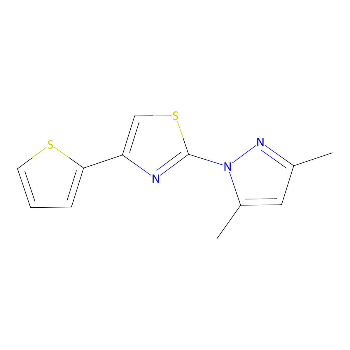 Thiazole, 2-(3,5-dimethyl-1H-pyrazol-1-yl)-4-(2-thienyl)- molecular structure, CAS 111836-91-0