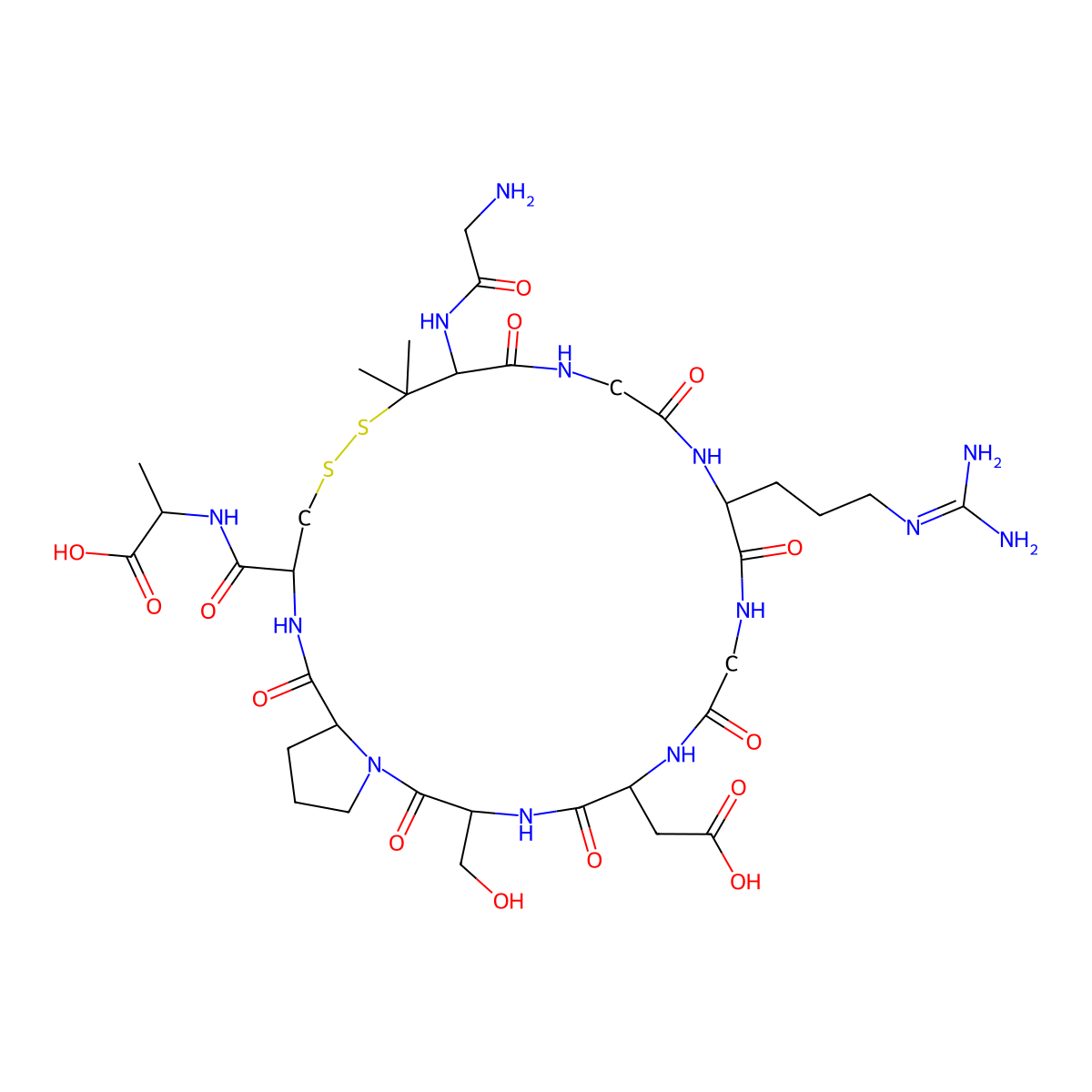 (2S)-2-[[(3S,6S,12S,18R,23R,26S)-18-[(2-Aminoacetyl)amino]-6-(carboxymethyl)-12-[3-(diaminomethylideneamino)propyl]-3-(hydroxymethyl)-19,19-dimethyl-2,5,8,11,14,17,25-heptaoxo-20,21-dithia-1,4,7,10,13,16,24-heptazabicyclo[24.3.0]nonacosane-23-carbonyl]amino]propanoic acid molecular structure, CAS 111844-17-8