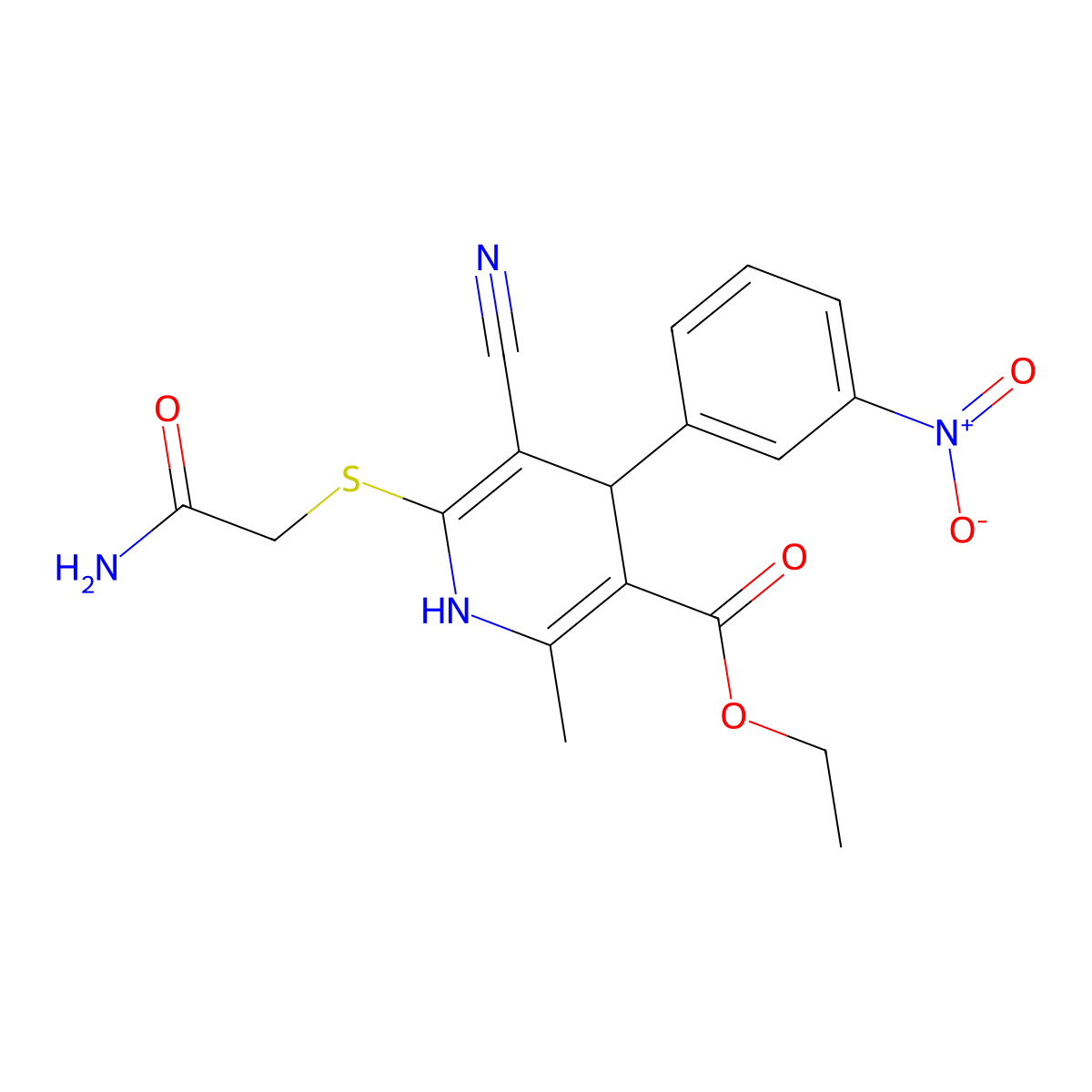 Ethyl 6-(2-amino-2-oxoethyl)sulfanyl-5-cyano-2-methyl-4-(3-nitrophenyl)-1,4-dihydropyridine-3-carboxylate molecular structure, CAS 111853-34-0