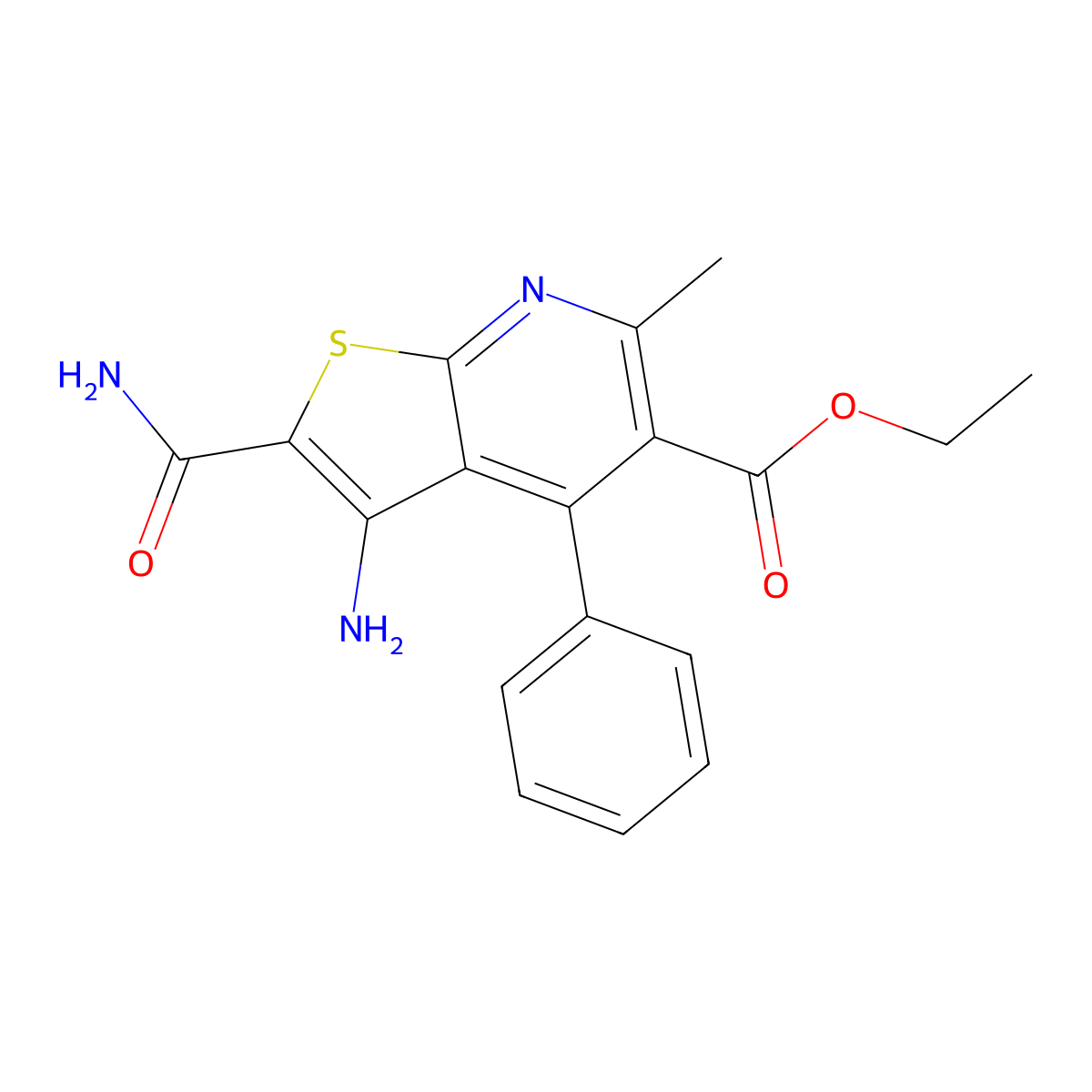 Ethyl 3-amino-2-carbamoyl-6-methyl-4-phenylthieno[2,3-b]pyridine-5-carboxylate molecular structure, CAS 111853-43-1