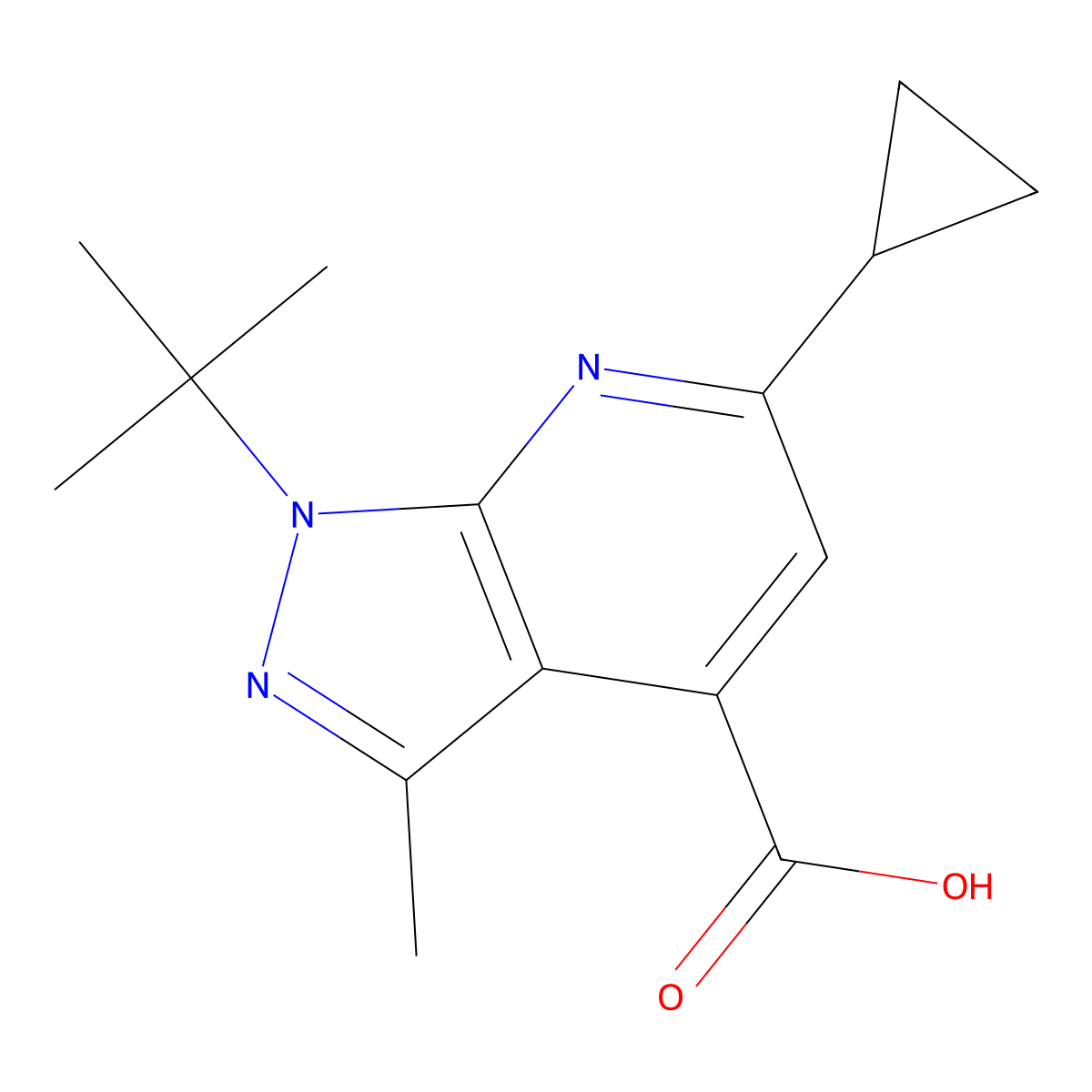 1-tert-butyl-6-cyclopropyl-3-methyl-1H-pyrazolo[3,4-b]pyridine-4-carboxylic acid molecular structure, CAS 1118787-47-5