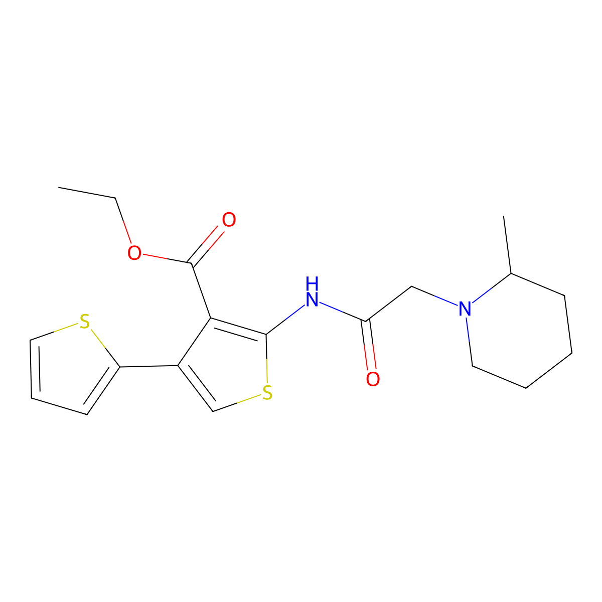 Ethyl 2-[[2-(2-methylpiperidin-1-yl)acetyl]amino]-4-thiophen-2-ylthiophene-3-carboxylate molecular structure, CAS 1118794-07-2