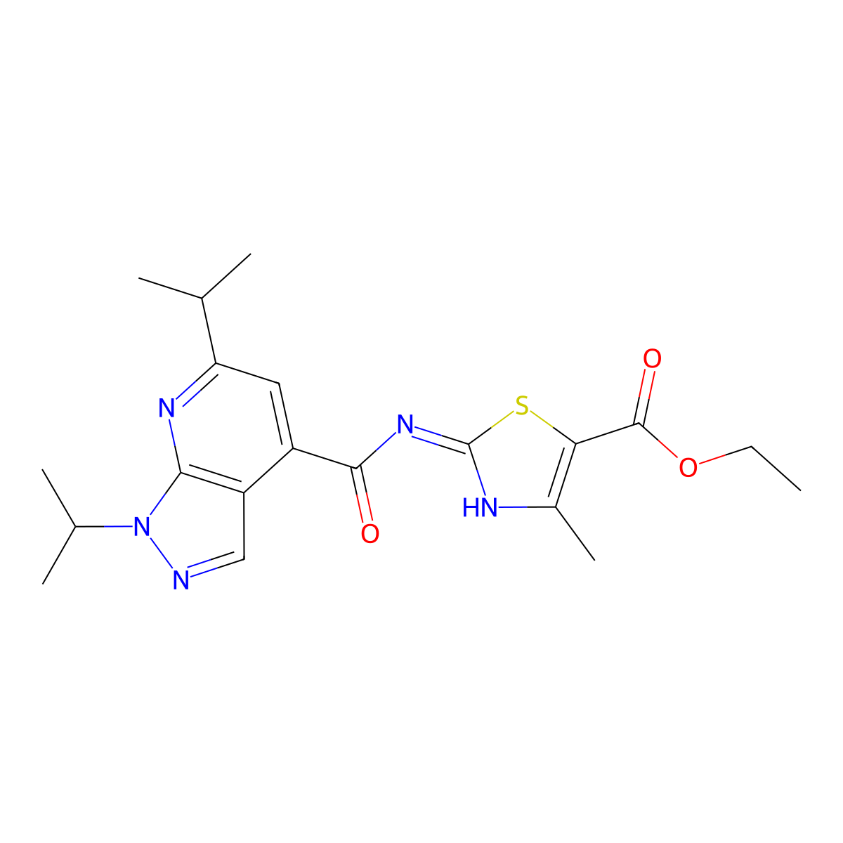 ethyl 2-({[1,6-di(propan-2-yl)-1H-pyrazolo[3,4-b]pyridin-4-yl]carbonyl}amino)-4-methyl-1,3-thiazole-5-carboxylate molecular structure, CAS 1118821-87-6