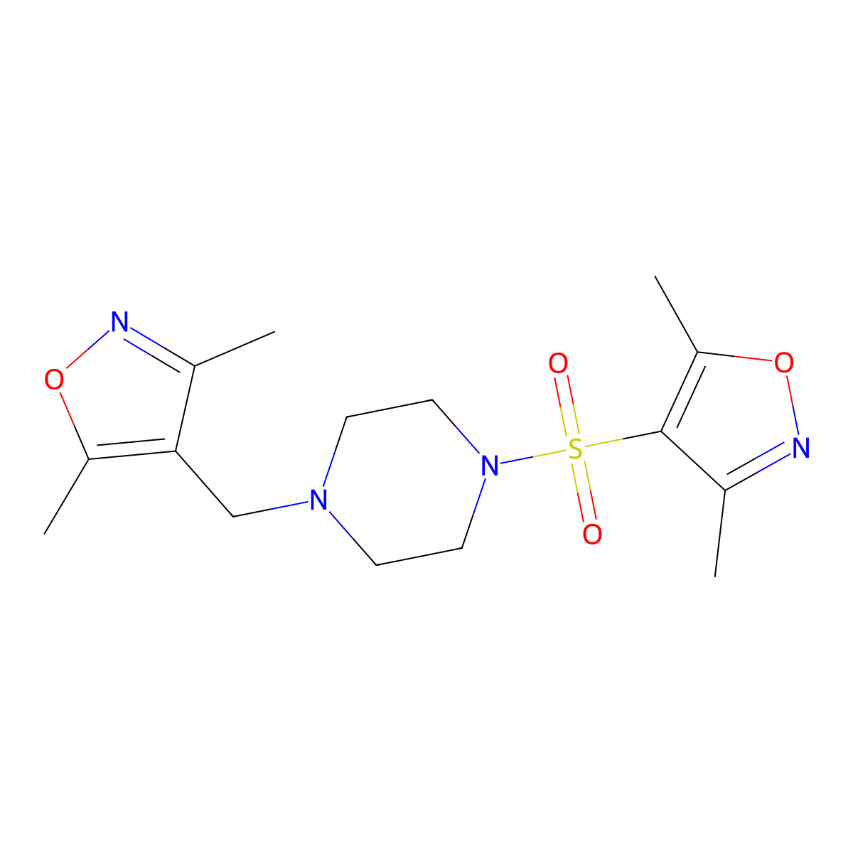 1-[(3,5-Dimethyl-1,2-oxazol-4-yl)methyl]-4-[(3,5-dimethyl-1,2-oxazol-4-yl)sulfonyl]piperazine molecular structure, CAS 1118822-96-0