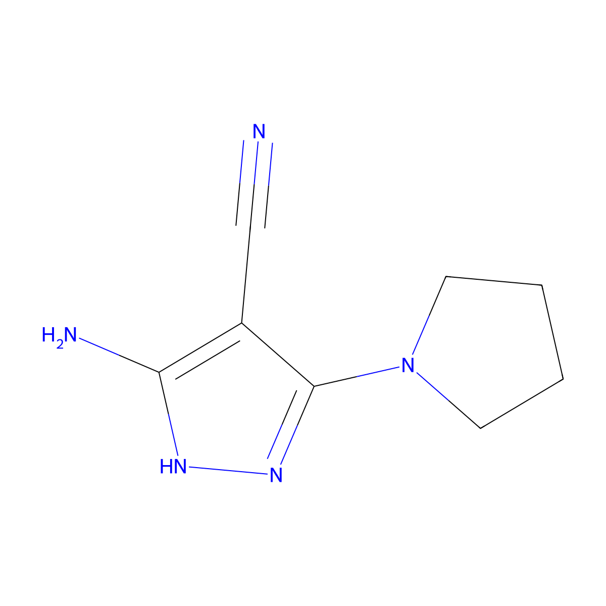 5-amino-3-(pyrrolidin-1-yl)-1H-pyrazole-4-carbonitrile molecular structure, CAS 1119391-48-8