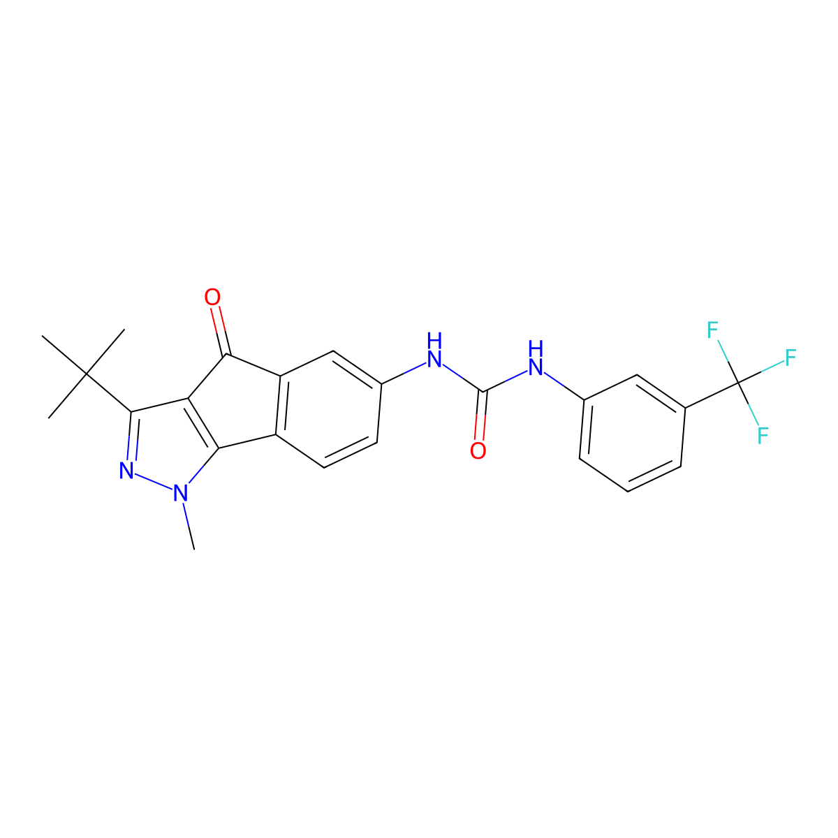 N-(3-(Tert-butyl)-1-methyl-4-oxoindeno[2,3-D]pyrazol-6-YL)((3-(trifluoromethyl)phenyl)amino)formamide molecular structure, CAS 1119392-37-8