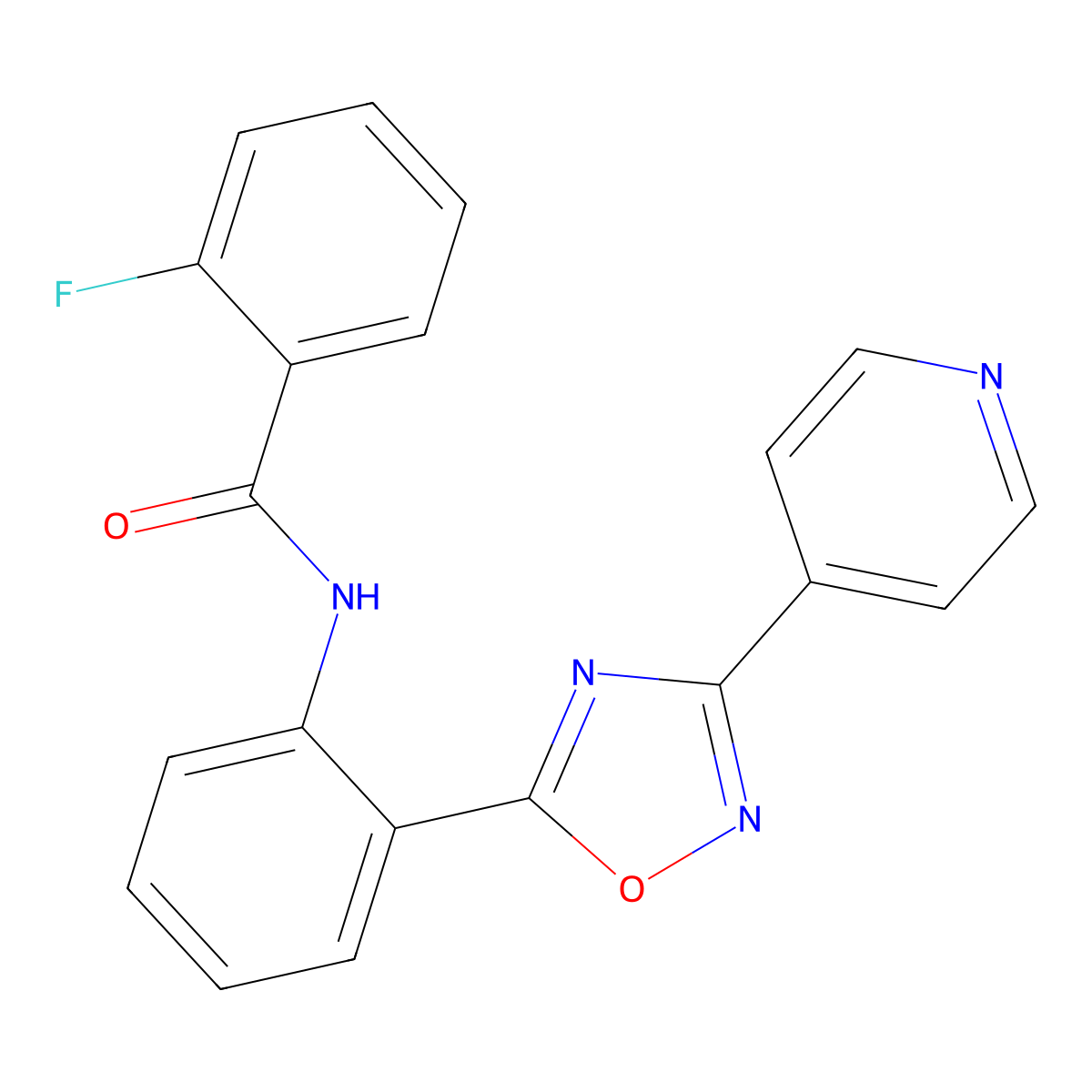 2-fluoro-N-(2-(3-(pyridin-4-yl)-1,2,4-oxadiazol-5-yl)phenyl)benzamide molecular structure, CAS 1119429-10-5